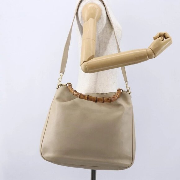GUCCI Bamboo Shoulder Bag Leather 2way Beige Gold